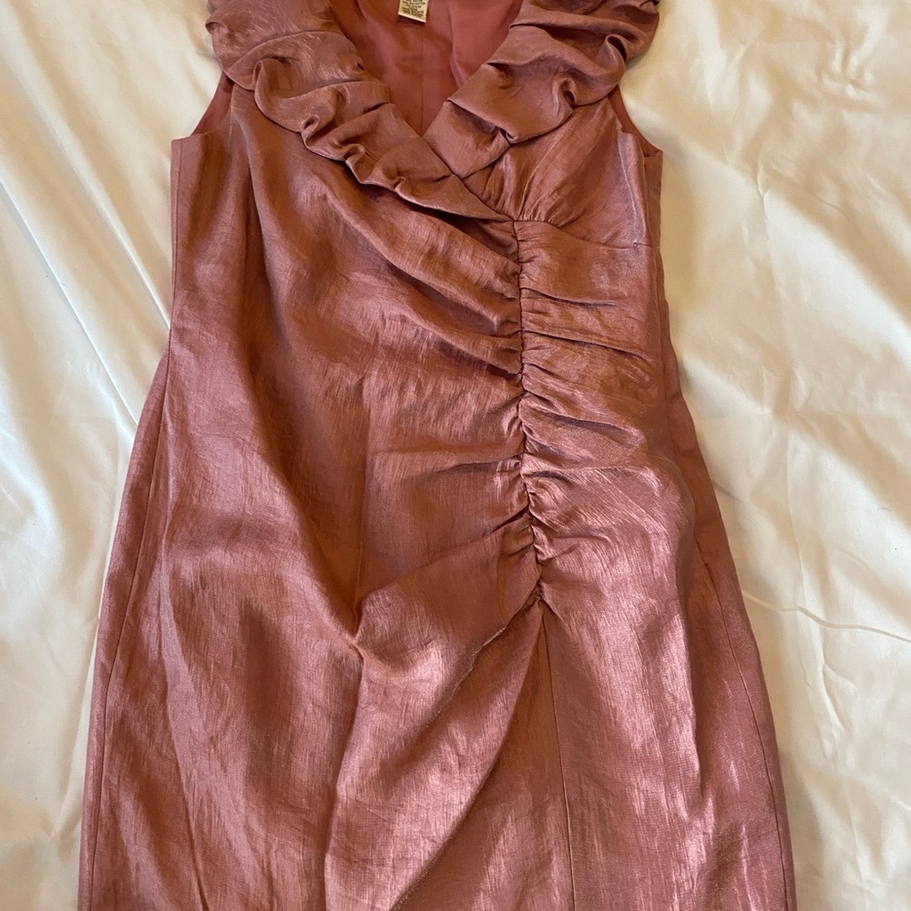 Victor Costa Shimmery Rose Ruffle Neck Dress - Picture 2 of 10